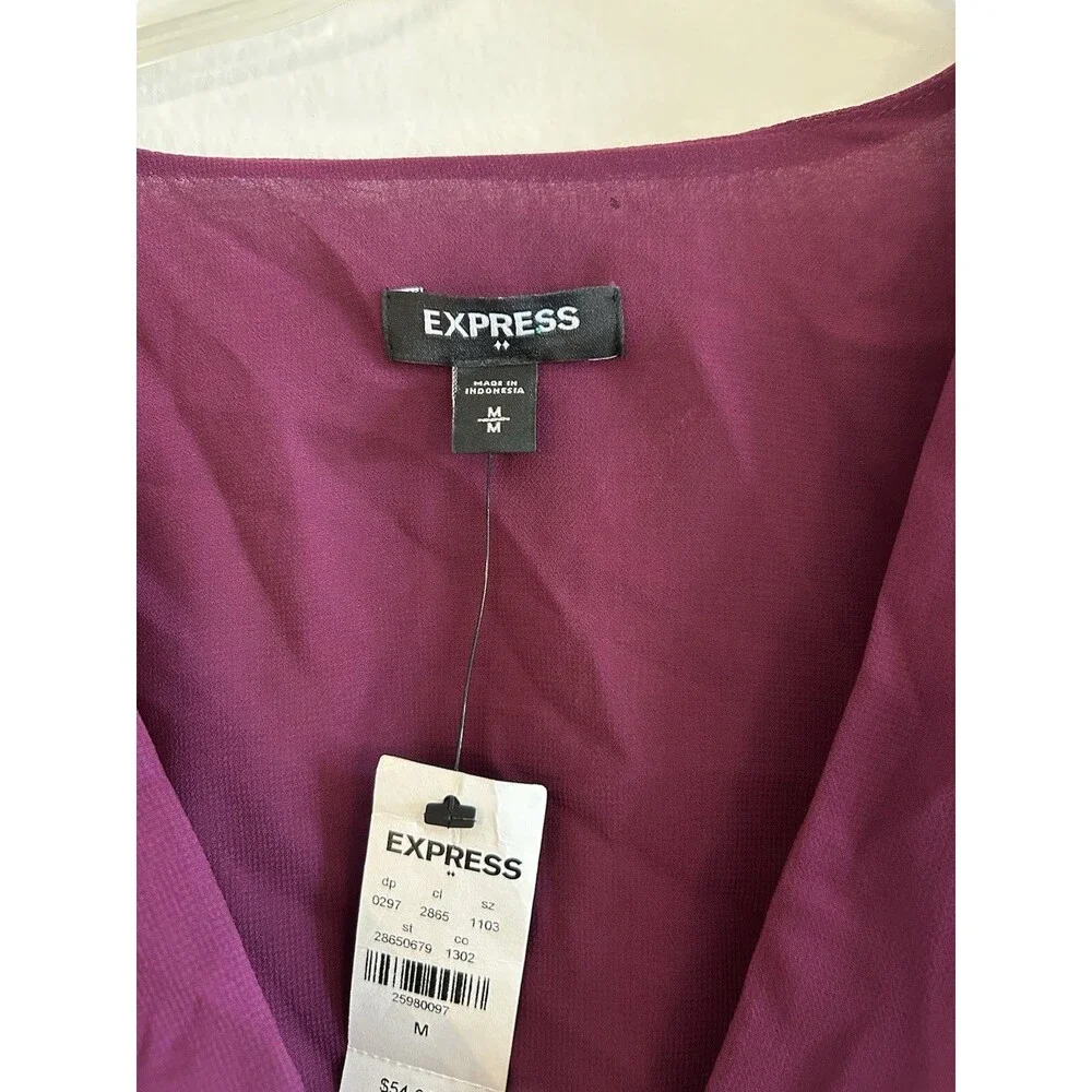 NEW! Express Women’s Sheer Silky Magenta Long Sleeve Blouse Top - Size M - Picture 3 of 7